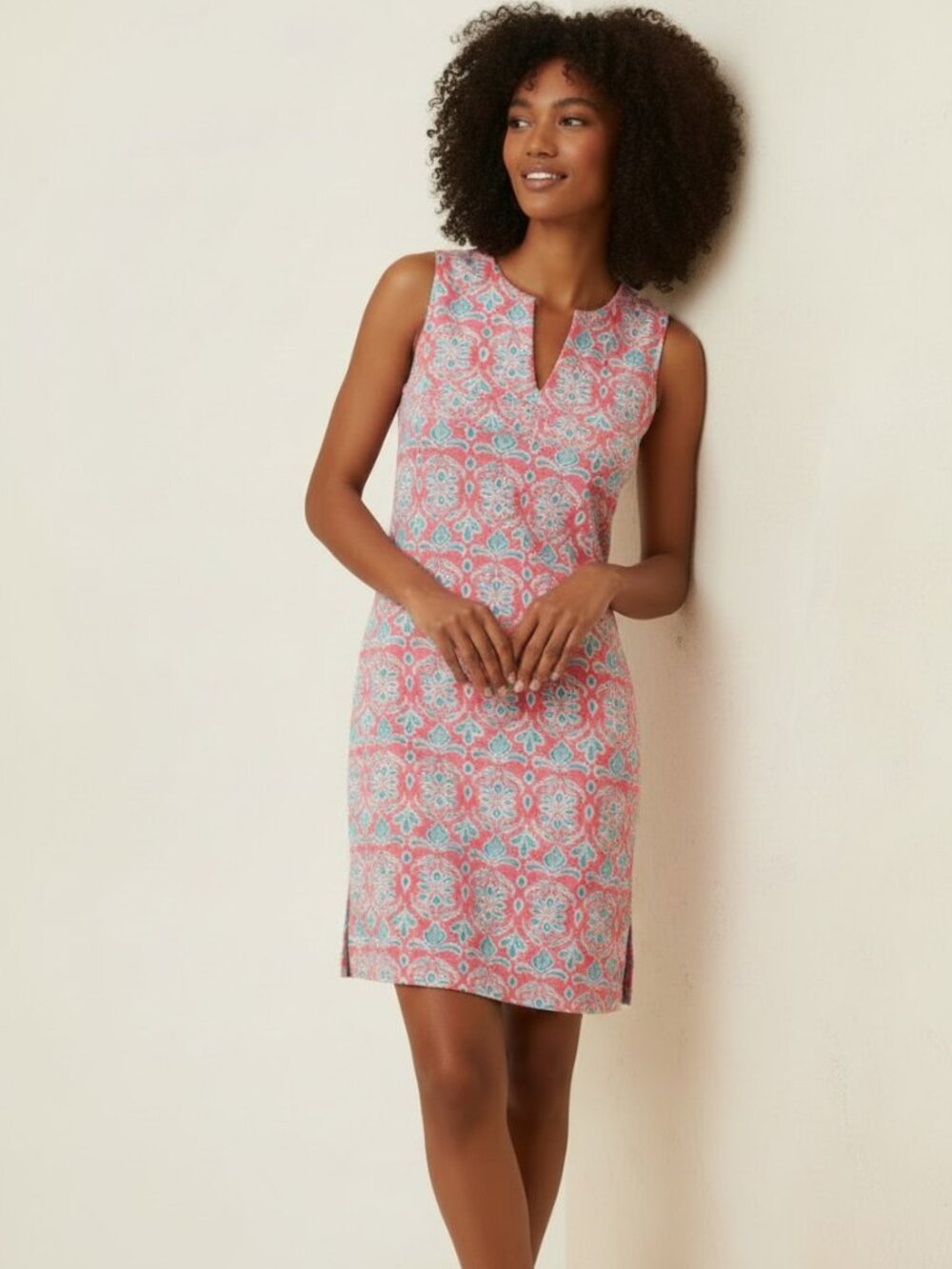 Barbara Gerwit Preppy Sleeveless Patterned Notched Collar Jersey Shift Dress M